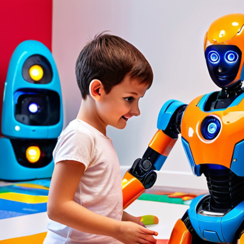 Home 11 **
Prompt: Turning Mecard AI robot toy interacting with a child, futuristic playroom setting, bright colors, advanced tech details, friendly robot expression.
**