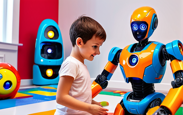**
Prompt: Turning Mecard AI robot toy interacting with a child, futuristic playroom setting, bright colors, advanced tech details, friendly robot expression.
**