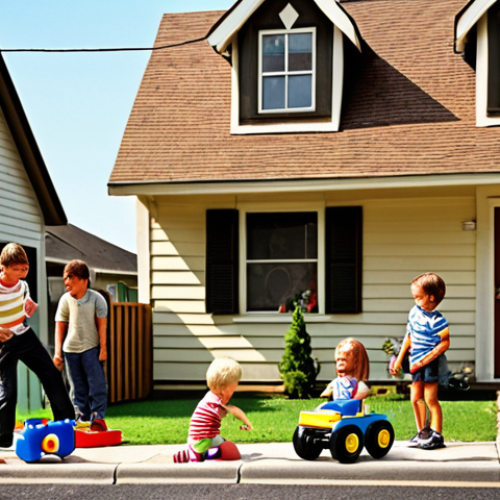 Home 6 **
A nostalgic scene depicting kids in a neighborhood enthusiastically playing with Turning Mecard toys in front of a house. The image should evoke a sense of childhood excitement and the popularity of the toys. Include Turning Mecard Evan and other Mecanimal toys.
**