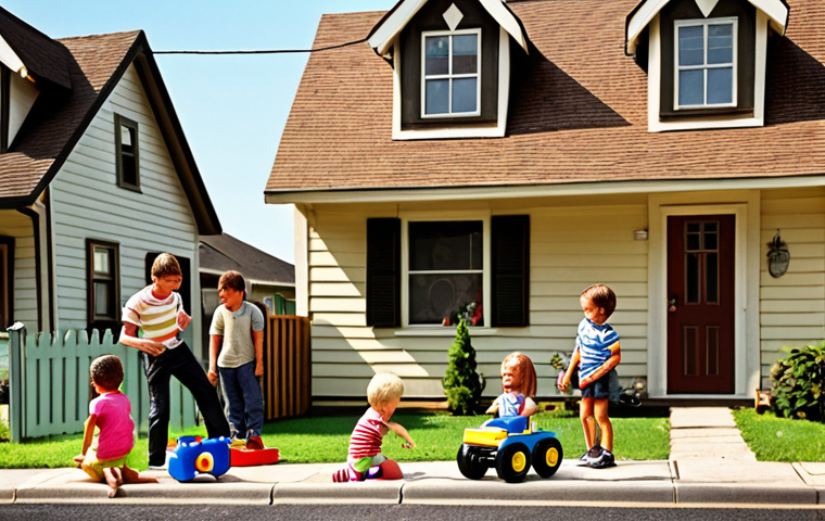 **
A nostalgic scene depicting kids in a neighborhood enthusiastically playing with Turning Mecard toys in front of a house. The image should evoke a sense of childhood excitement and the popularity of the toys. Include Turning Mecard Evan and other Mecanimal toys.
**