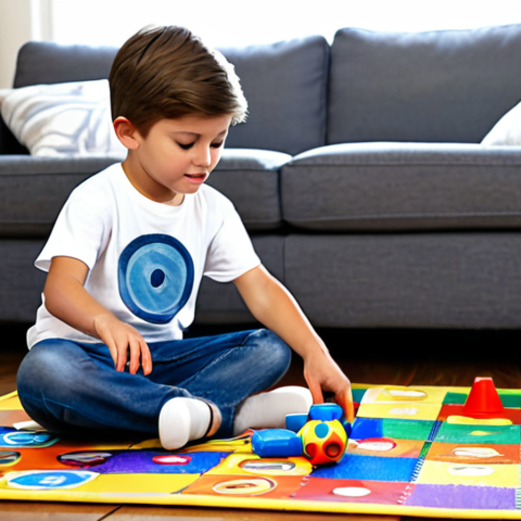 **
A young boy, fully clothed in casual wear (jeans and t-shirt), playing with a Turning Mecard toy (Evan model) on a colorful playmat. The background shows a bright living room with other toys scattered around. Safe for work, appropriate content, family-friendly scene, perfect anatomy, correct proportions, natural pose, well-formed hands, proper finger count, natural body proportions, professional illustration.
**