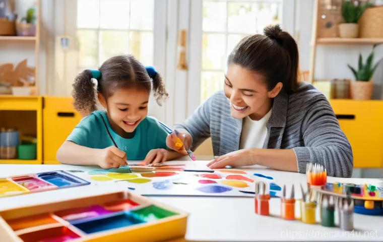 터닝메카드 DIY 메카니멀 제작법 - A joyful 7-year-old child and a parent, sitting at a well-lit table, engaged in a DIY project. The c...