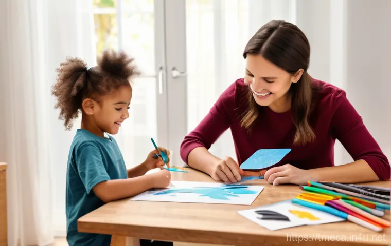 터닝메카드 DIY 메카니멀 제작법 - A joyful 7-year-old child and a parent, sitting at a well-lit table, engaged in a DIY project. The c... 터닝메카드 DIY 메카니멀 제작법 - A joyful 7-year-old child and a parent, sitting at a well-lit table, engaged in a DIY project. The c...