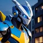 터닝메카드 주인공 나찬 특징 - A determined young boy, Na-chan, with short, spiky brown hair and wearing his signature blue and yel...