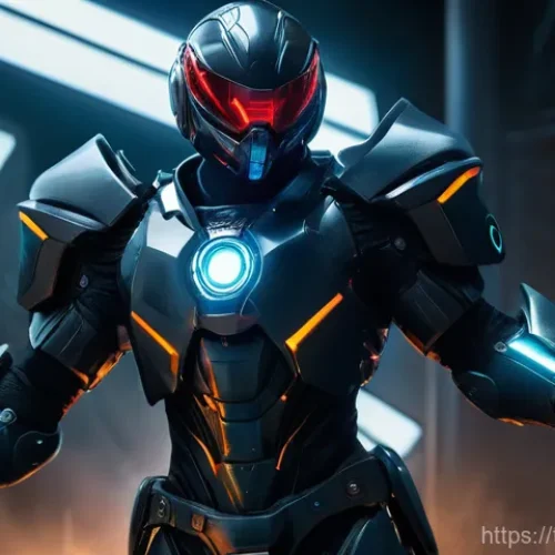 Home 15 터닝메카드 반다인 캐릭터 스토리 - A dynamic full-body shot of Bandyine in his signature dark and futuristic Mecardimal trainer outfit,...