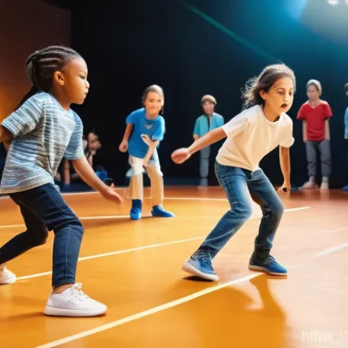 Home 14 터닝메카드 대회 규칙과 참가 방법 - A dynamic, eye-level shot capturing a diverse group of children, aged 7-10, intensely focused on a T...