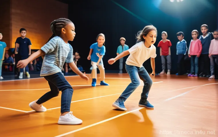 터닝메카드 대회 규칙과 참가 방법 - A dynamic, eye-level shot capturing a diverse group of children, aged 7-10, intensely focused on a T...