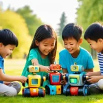 터닝메카드 각 나라별 방송 편성 - **Image Prompt 1: Global Kids' Mecard Playtime**
A vibrant, diverse group of children, ranging f...